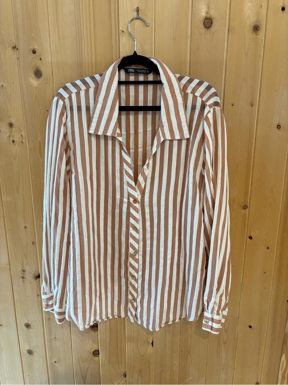 Zara Cream and Brown Vertical Stripe Button-Down Shirt